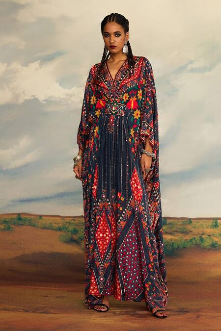 Buy_Rajdeep Ranawat_Grey Silk Embroidery V-neck Imama Floral Print Kaftan _Online_at_Aza_Fashions