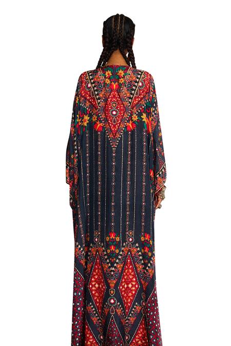 Rajdeep Ranawat_Grey Silk Embroidery V-neck Imama Floral Print Kaftan _at_Aza_Fashions