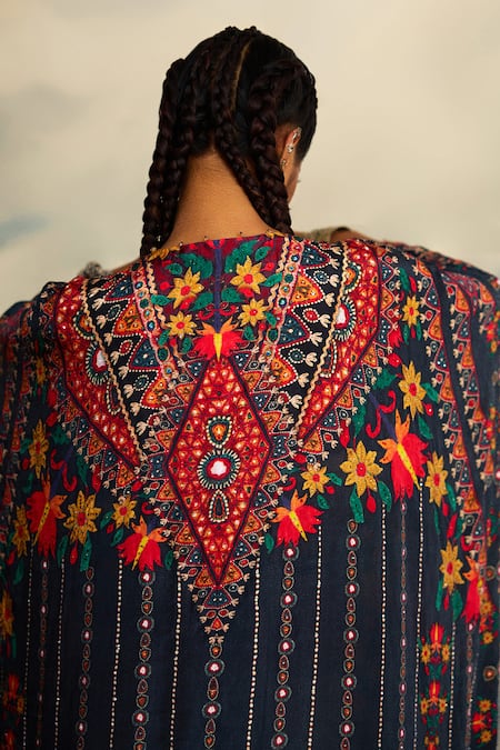 Shop_Rajdeep Ranawat_Grey Silk Embroidery V-neck Imama Floral Print Kaftan 