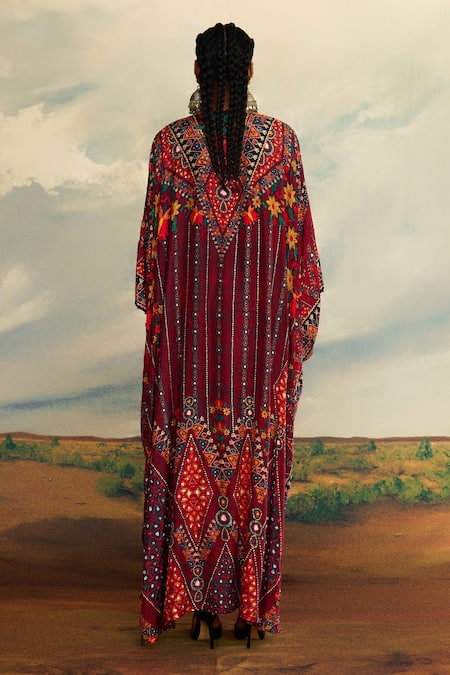 Shop_Rajdeep Ranawat_Red Silk Beads, Embroidery V-neck Imama Floral Stripe Print Kaftan _at_Aza_Fashions