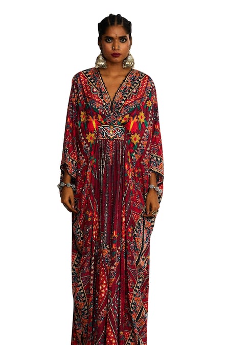 Rajdeep Ranawat_Red Silk Beads, Embroidery V-neck Imama Floral Stripe Print Kaftan _Online_at_Aza_Fashions