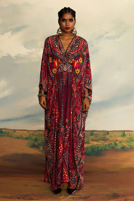 Buy_Rajdeep Ranawat_Red Silk Beads, Embroidery V-neck Imama Floral Stripe Print Kaftan _Online_at_Aza_Fashions