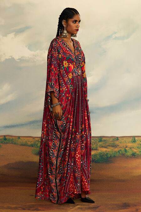Shop_Rajdeep Ranawat_Red Silk Beads, Embroidery V-neck Imama Floral Stripe Print Kaftan _Online_at_Aza_Fashions