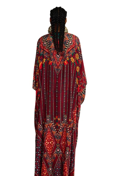Rajdeep Ranawat_Red Silk Beads, Embroidery V-neck Imama Floral Stripe Print Kaftan _at_Aza_Fashions