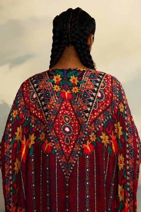 Buy_Rajdeep Ranawat_Red Silk Beads, Embroidery V-neck Imama Floral Stripe Print Kaftan 
