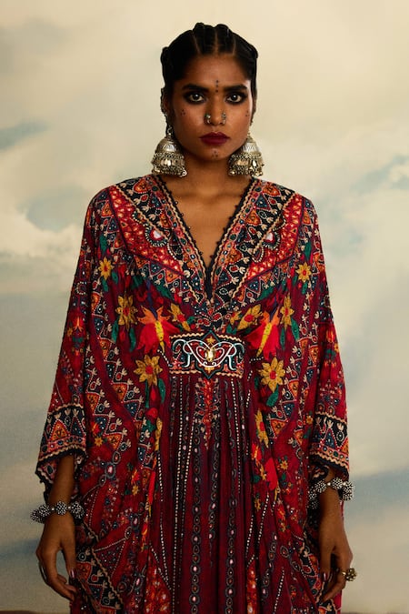Shop_Rajdeep Ranawat_Red Silk Beads, Embroidery V-neck Imama Floral Stripe Print Kaftan 