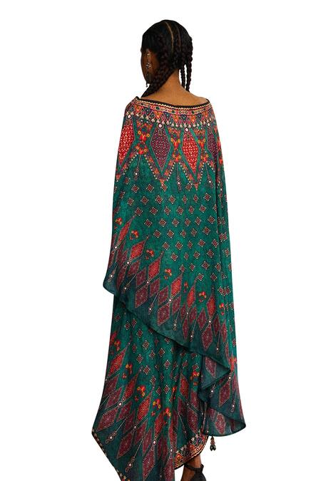 Buy_Rajdeep Ranawat_Green Silk Boat Neck Kamini Diamond Print Flared Top And Skirt Set _Online_at_Aza_Fashions