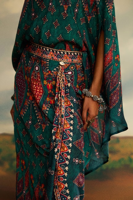 Buy_Rajdeep Ranawat_Green Silk Boat Neck Kamini Diamond Print Flared Top And Skirt Set 