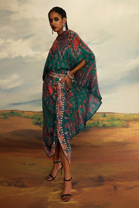 Shop_Rajdeep Ranawat_Green Silk Boat Neck Kamini Diamond Print Flared Top And Skirt Set 