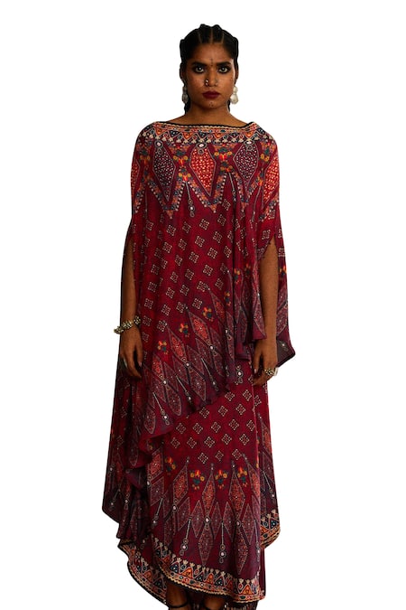 Rajdeep Ranawat_Red Silk Boat Neck Kamini Geometric Print Flared Top And Skirt Set _Online_at_Aza_Fashions