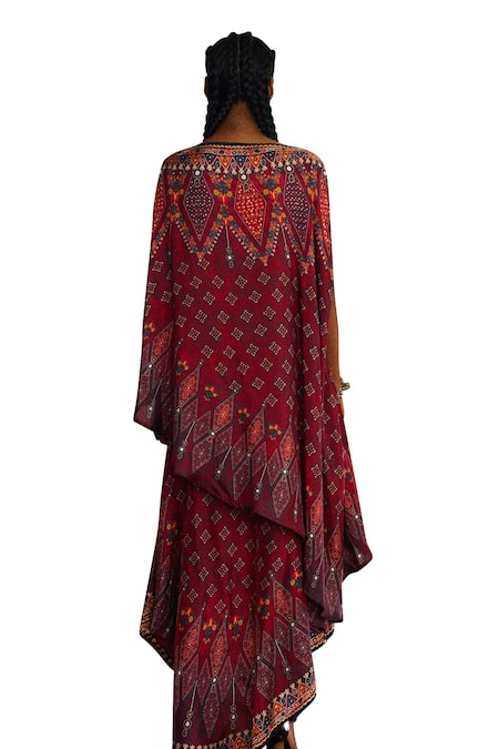 Shop_Rajdeep Ranawat_Red Silk Boat Neck Kamini Geometric Print Flared Top And Skirt Set _Online_at_Aza_Fashions