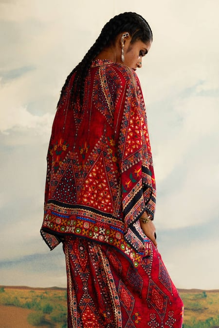 Rajdeep Ranawat_Red Modal, Satin Embroidery Maimouna Geometric Print Turkish Draped Pant _Online_at_Aza_Fashions