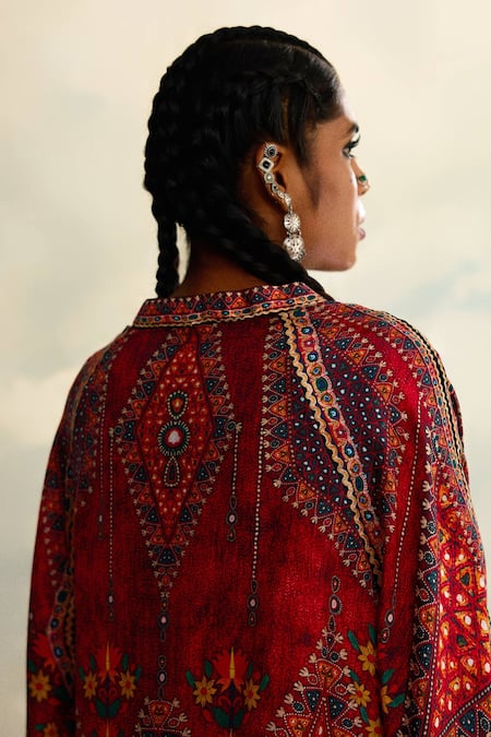 Buy_Rajdeep Ranawat_Red Modal, Satin Embroidery Maimouna Geometric Print Turkish Draped Pant _Online_at_Aza_Fashions