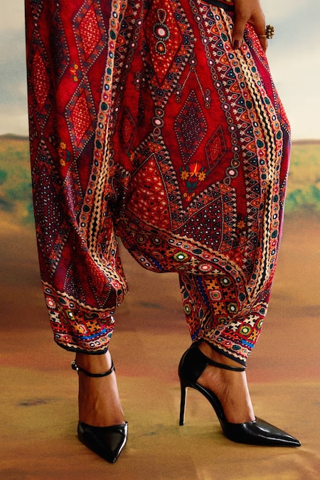 Shop_Rajdeep Ranawat_Red Modal, Satin Embroidery Maimouna Geometric Print Turkish Draped Pant _Online_at_Aza_Fashions