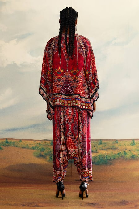Shop_Rajdeep Ranawat_Red Silk Mandarin Collar Ramona Geometric Print Poncho Tunic _at_Aza_Fashions