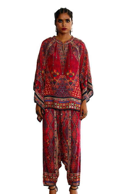 Rajdeep Ranawat_Red Silk Mandarin Collar Ramona Geometric Print Poncho Tunic _Online_at_Aza_Fashions