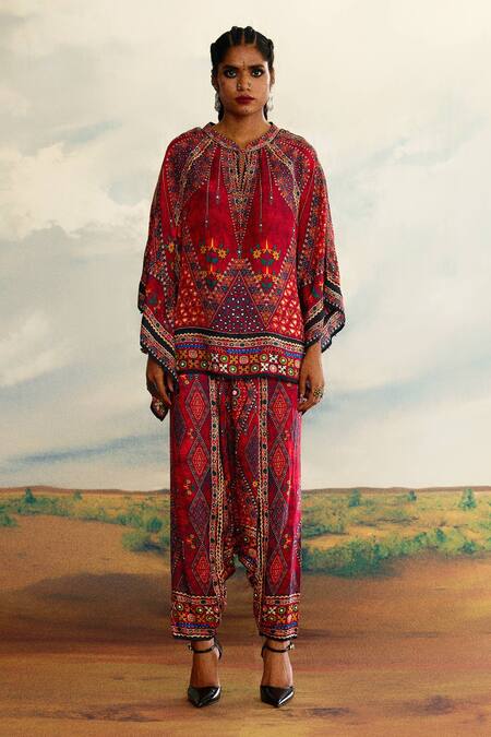 Buy_Rajdeep Ranawat_Red Silk Mandarin Collar Ramona Geometric Print Poncho Tunic _Online_at_Aza_Fashions