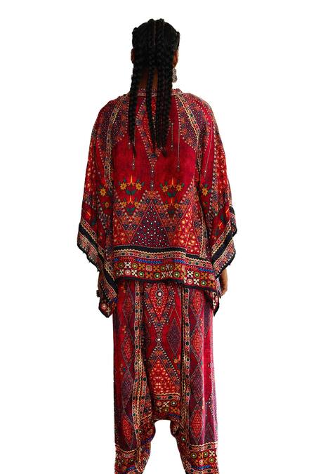 Shop_Rajdeep Ranawat_Red Silk Mandarin Collar Ramona Geometric Print Poncho Tunic _Online_at_Aza_Fashions