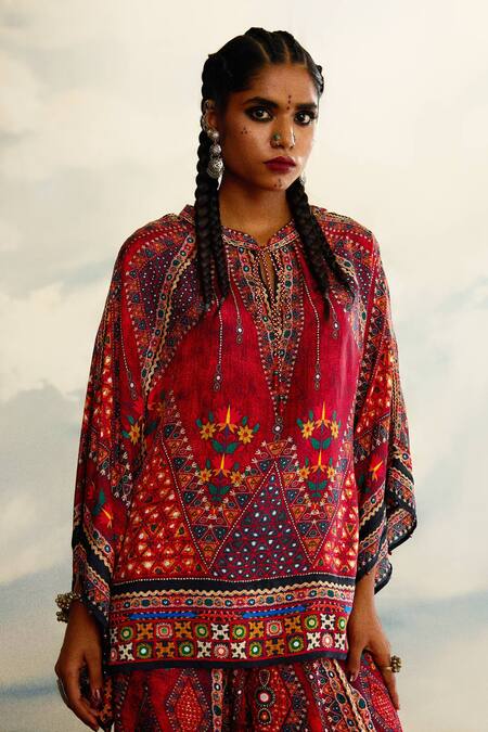 Rajdeep Ranawat_Red Silk Mandarin Collar Ramona Geometric Print Poncho Tunic _at_Aza_Fashions