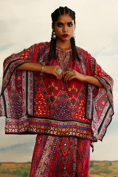 Buy_Rajdeep Ranawat_Red Silk Mandarin Collar Ramona Geometric Print Poncho Tunic 