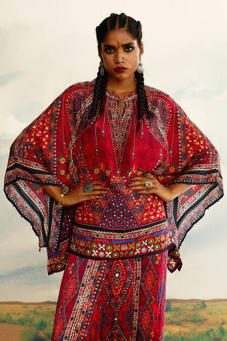 Shop_Rajdeep Ranawat_Red Silk Mandarin Collar Ramona Geometric Print Poncho Tunic 