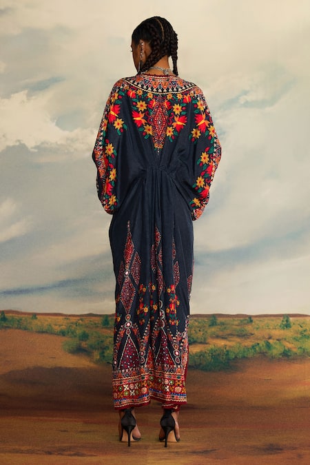 Shop_Rajdeep Ranawat_Grey Silk Sequins, Embroidery V-neck Rasika Floral Print Kaftan _at_Aza_Fashions