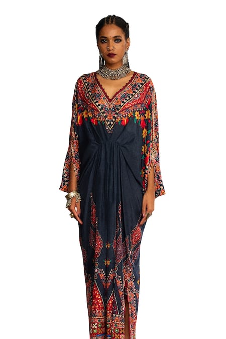 Rajdeep Ranawat_Grey Silk Sequins, Embroidery V-neck Rasika Floral Print Kaftan _Online_at_Aza_Fashions