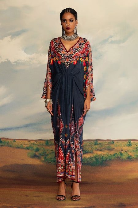 Buy_Rajdeep Ranawat_Grey Silk Sequins, Embroidery V-neck Rasika Floral Print Kaftan _Online_at_Aza_Fashions