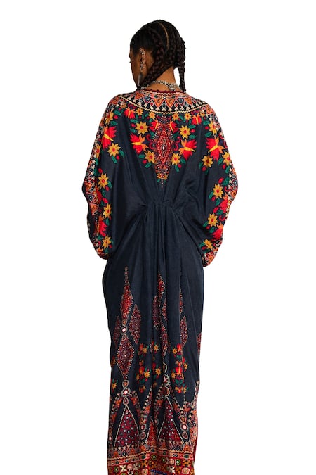 Shop_Rajdeep Ranawat_Grey Silk Sequins, Embroidery V-neck Rasika Floral Print Kaftan _Online_at_Aza_Fashions