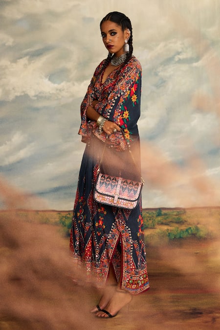 Rajdeep Ranawat_Grey Silk Sequins, Embroidery V-neck Rasika Floral Print Kaftan _at_Aza_Fashions