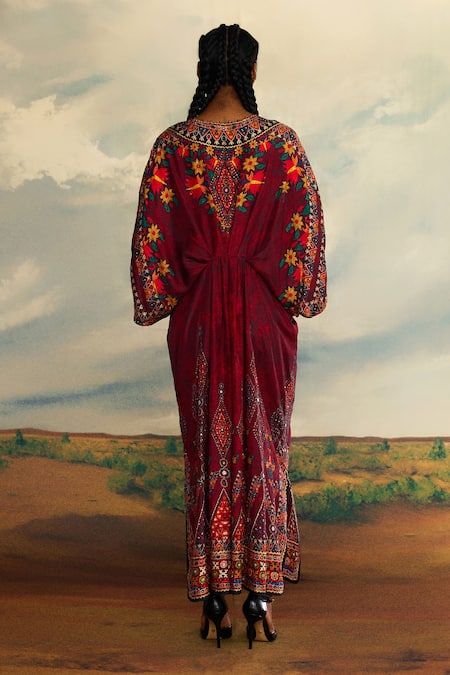 Shop_Rajdeep Ranawat_Red Silk Sequins, Embroidery V-neck Rasika Floral Print Kaftan _at_Aza_Fashions