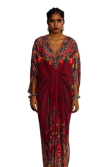 Rajdeep Ranawat_Red Silk Sequins, Embroidery V-neck Rasika Floral Print Kaftan _Online_at_Aza_Fashions