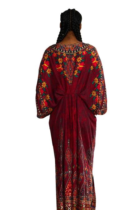 Shop_Rajdeep Ranawat_Red Silk Sequins, Embroidery V-neck Rasika Floral Print Kaftan _Online_at_Aza_Fashions