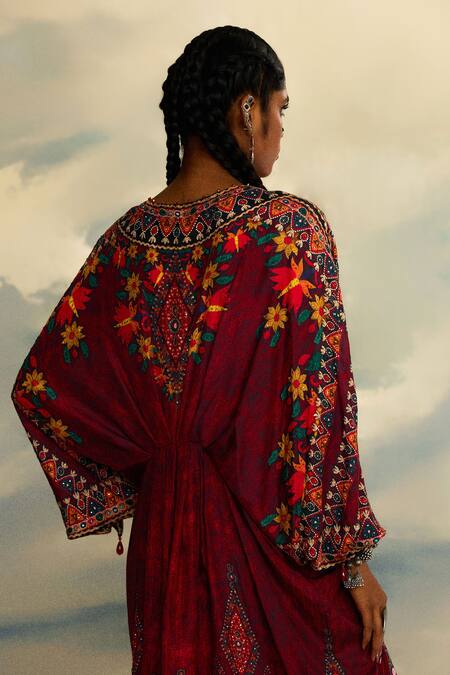 Rajdeep Ranawat_Red Silk Sequins, Embroidery V-neck Rasika Floral Print Kaftan _at_Aza_Fashions