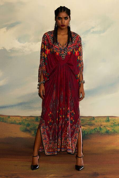 Shop_Rajdeep Ranawat_Red Silk Sequins, Embroidery V-neck Rasika Floral Print Kaftan 