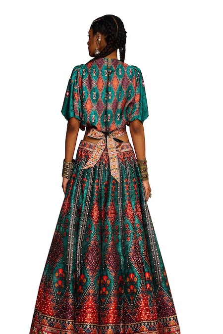 Shop_Rajdeep Ranawat_Blue Modal, Satin, Silk Beads, Varsha Leela Draped Blouse With Lehenga _Online_at_Aza_Fashions