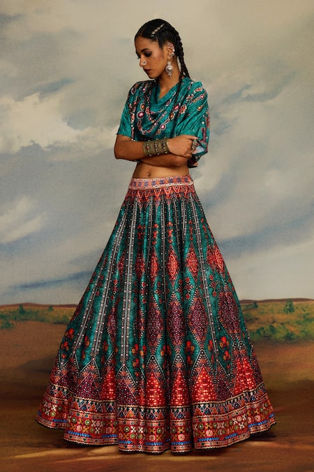 Buy_Rajdeep Ranawat_Blue Modal, Satin, Silk Beads, Varsha Leela Draped Blouse With Lehenga 