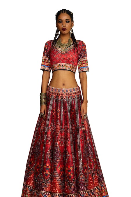 Rajdeep Ranawat Red Silk, Polyester Beads, Embroidery V-neck Leela Tribal Blouse And Lehenga Set Online at Aza Fashions Rajdeep Ranawat_Red Silk, Polyester Beads, Embroidery V-neck Leela Tribal Blouse And Lehenga Set _Online_at_Aza_Fashions