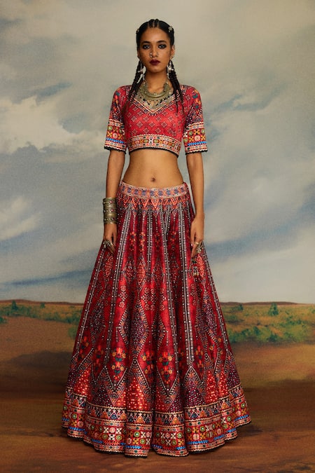 Buy Rajdeep Ranawat Red Silk, Polyester Beads, Embroidery V-neck Leela Tribal Blouse And Lehenga Set Online at Aza Fashions Buy_Rajdeep Ranawat_Red Silk, Polyester Beads, Embroidery V-neck Leela Tribal Blouse And Lehenga Set _Online_at_Aza_Fashions