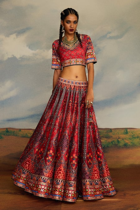 Shop Rajdeep Ranawat Red Silk, Polyester Beads, Embroidery V-neck Leela Tribal Blouse And Lehenga Set Online at Aza Fashions Shop_Rajdeep Ranawat_Red Silk, Polyester Beads, Embroidery V-neck Leela Tribal Blouse And Lehenga Set _Online_at_Aza_Fashions