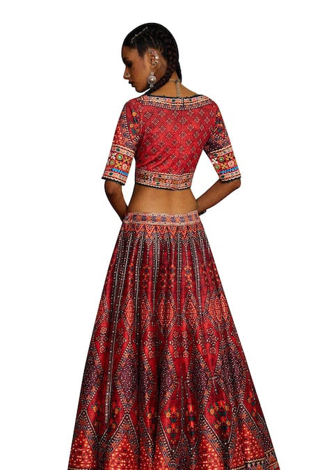 Shop Rajdeep Ranawat Red Silk, Polyester Beads, Embroidery V-neck Leela Tribal Blouse And Lehenga Set Shop_Rajdeep Ranawat_Red Silk, Polyester Beads, Embroidery V-neck Leela Tribal Blouse And Lehenga Set