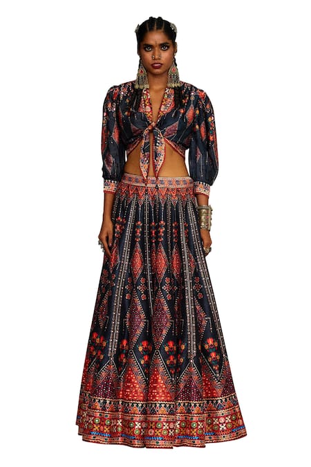 Rajdeep Ranawat_Grey Modal, Satin, Silk Beads, Rubali Leela Print Tie Up Blouse With Lehenga _Online_at_Aza_Fashions