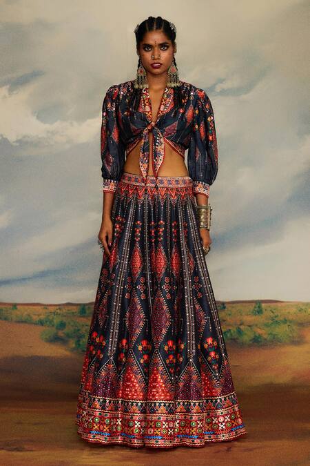 Buy_Rajdeep Ranawat_Grey Modal, Satin, Silk Beads, Rubali Leela Print Tie Up Blouse With Lehenga _Online_at_Aza_Fashions