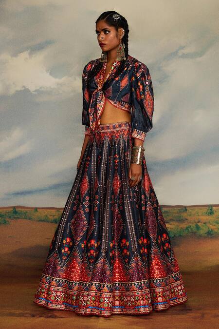 Shop_Rajdeep Ranawat_Grey Modal, Satin, Silk Beads, Rubali Leela Print Tie Up Blouse With Lehenga _Online_at_Aza_Fashions