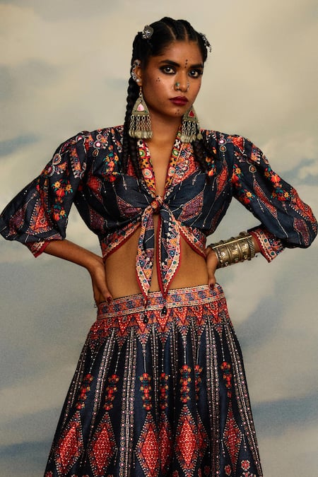 Buy_Rajdeep Ranawat_Grey Modal, Satin, Silk Beads, Rubali Leela Print Tie Up Blouse With Lehenga 