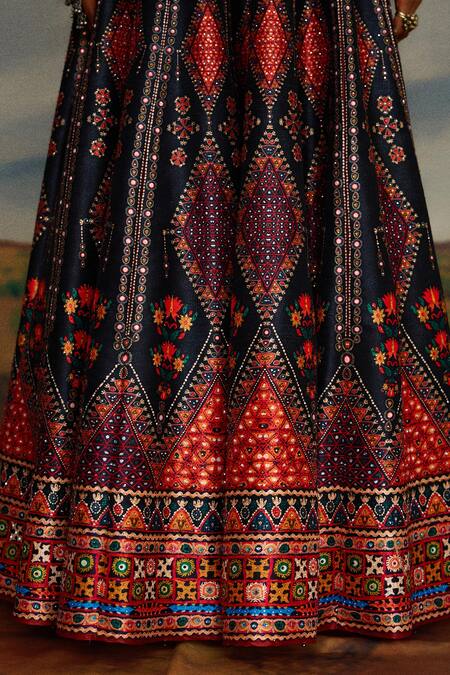 Shop_Rajdeep Ranawat_Grey Modal, Satin, Silk Beads, Rubali Leela Print Tie Up Blouse With Lehenga 