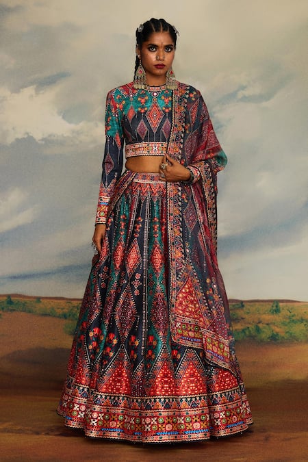 Rajdeep Ranawat Multi Color Kota Silk Print Tribal Round Leela Blouse And Lehenga Set 