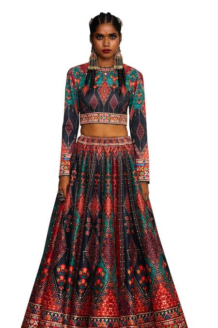 Rajdeep Ranawat_Multi Color Silk, Kota Doria Beads, Leela Tribal Print Blouse And Lehenga Set _Online_at_Aza_Fashions