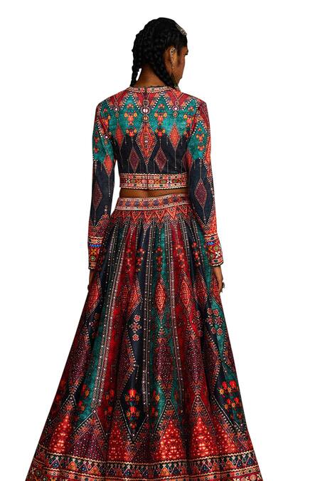 Shop_Rajdeep Ranawat_Multi Color Silk, Kota Doria Beads, Leela Tribal Print Blouse And Lehenga Set _Online_at_Aza_Fashions