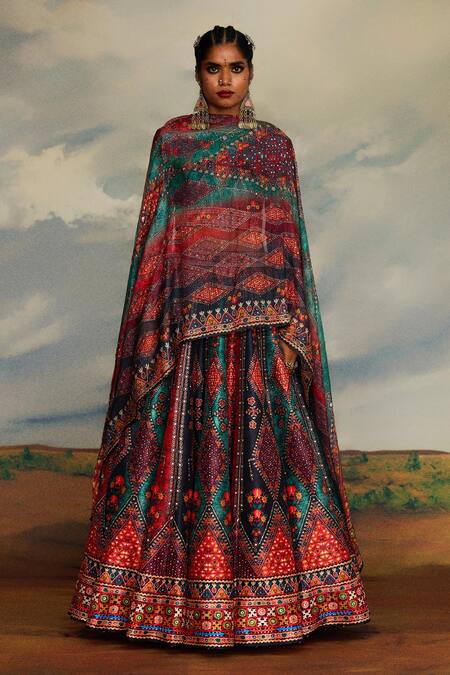 Rajdeep Ranawat_Multi Color Silk, Kota Doria Beads, Leela Tribal Print Blouse And Lehenga Set _at_Aza_Fashions